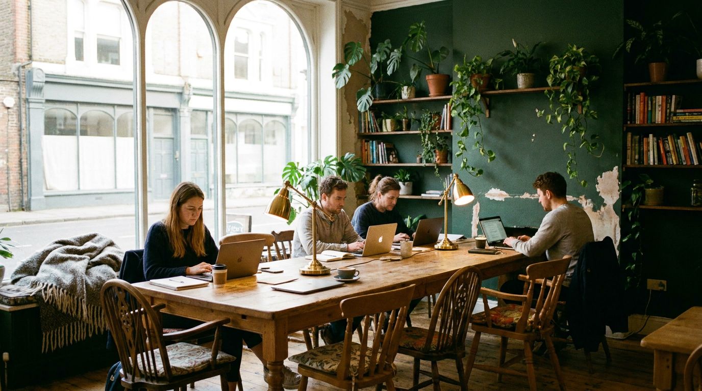 Afternoon light through tall storefront windows onto the long oak table, where a few people work beside brass lamps and trailing plants