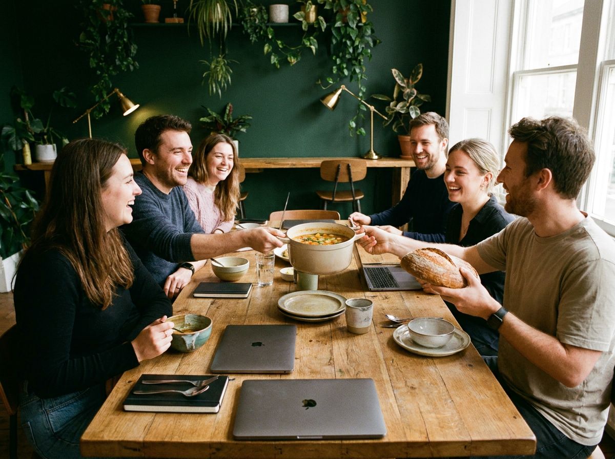 Wednesday lunch at the long table: a pot of soup and a loaf of bread being passed around, laptops closed and pushed aside