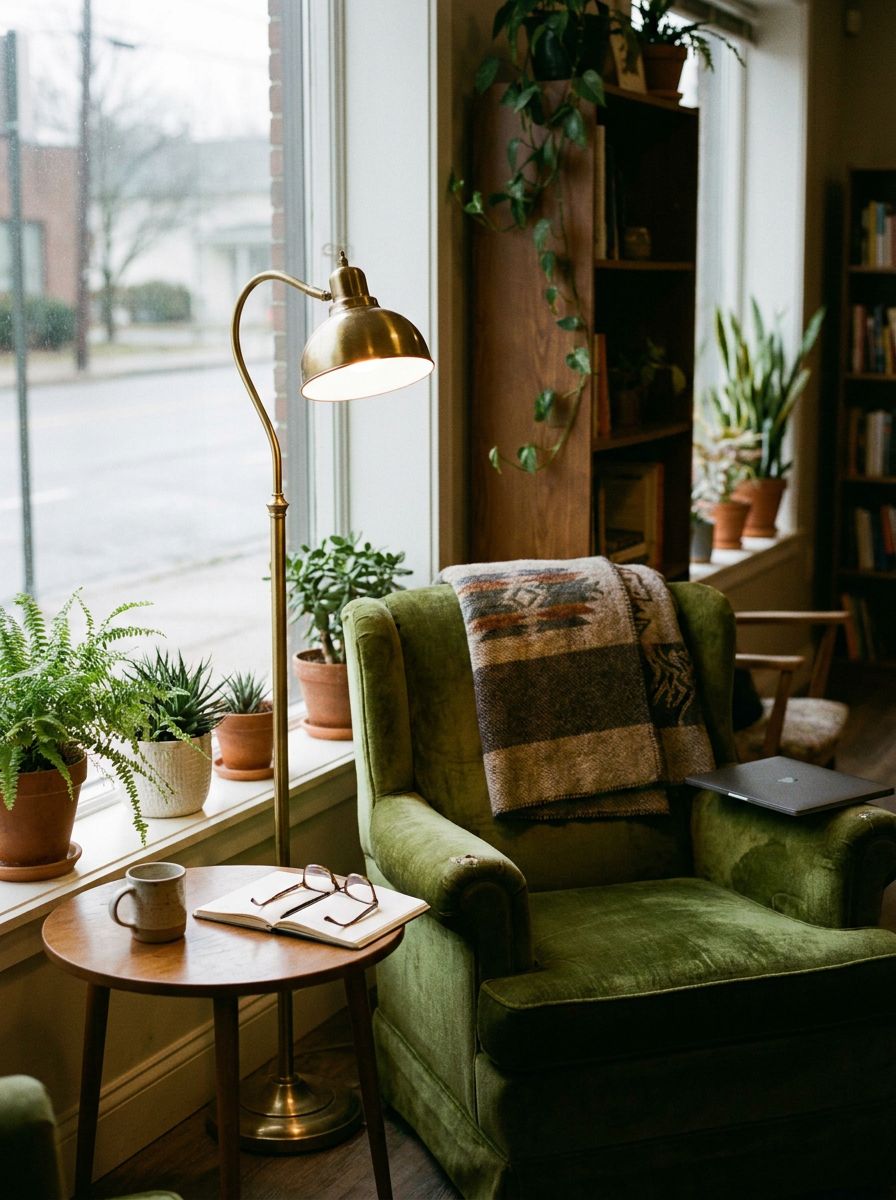 A green velvet armchair with a wool blanket, a brass floor lamp and a cup of tea on a little side table